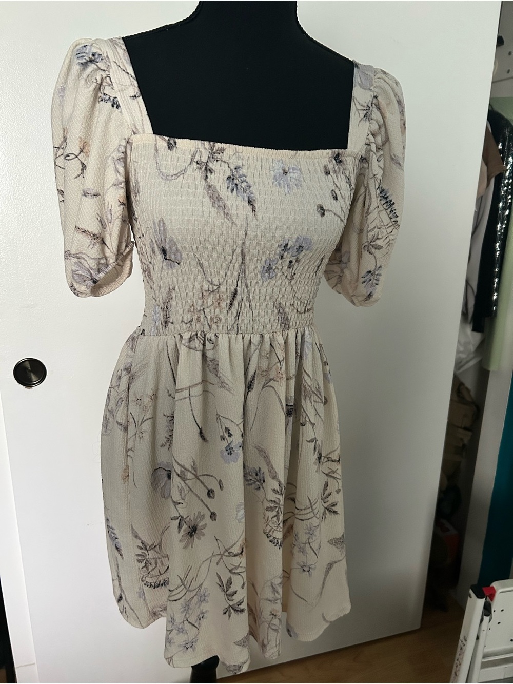 Floral Square Neck Puff Sleeve Dress - Cream